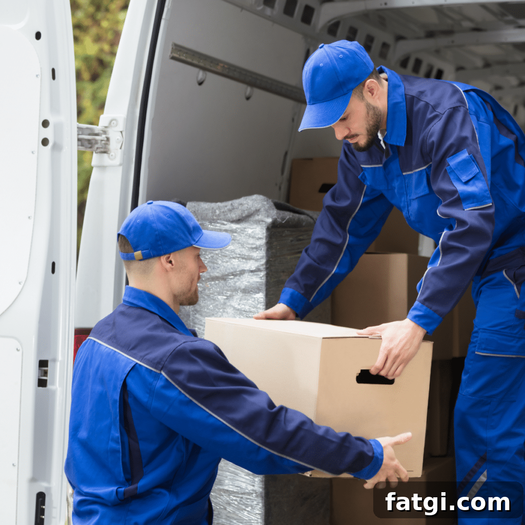 Two young male movers carrying cardboard box from truck