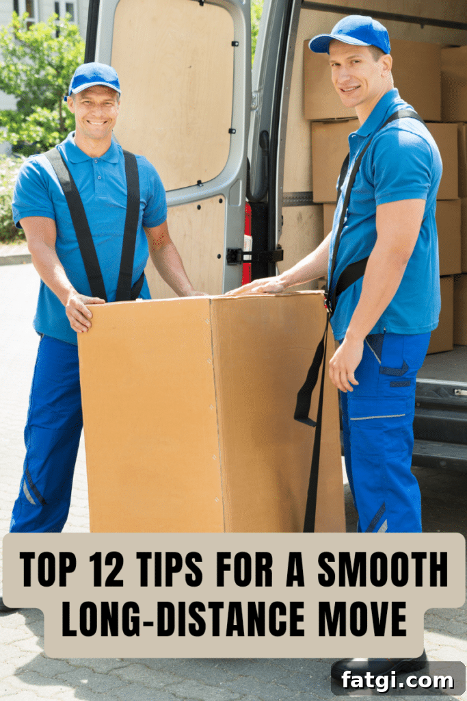 Two happy movers in blue uniform loading boxes in truck