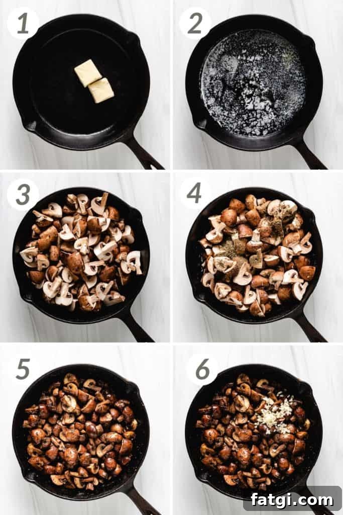 Collage showing how to make sauteed mushrooms.