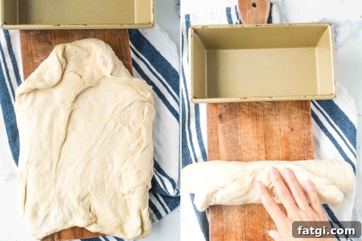 Overnight Sandwich Bread Recipe with Minimal Kneading 6 process photo of rolling dough into a log.
