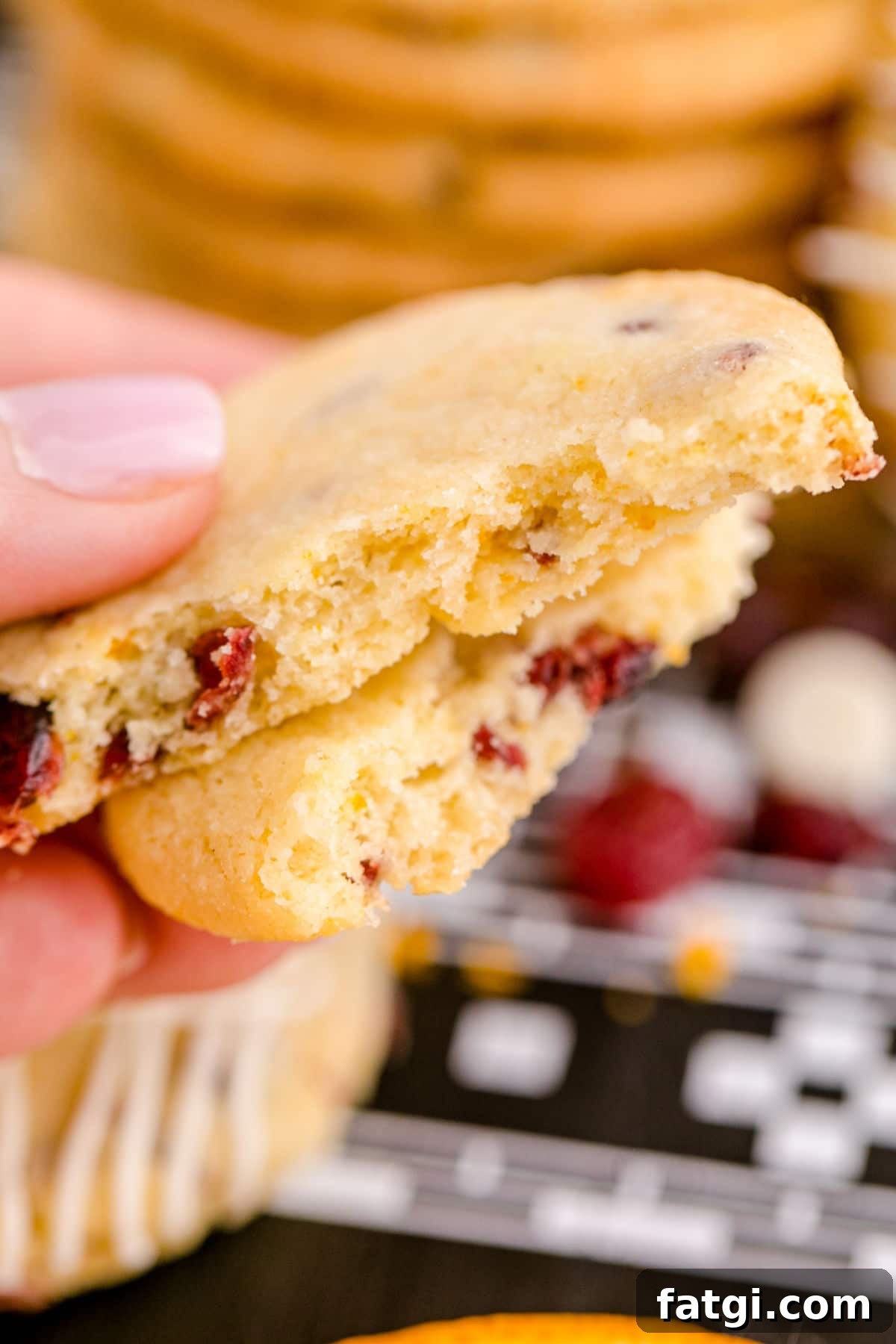 a cranberry orange shortbread cookie broken in half to see the inside of the cookie, close up