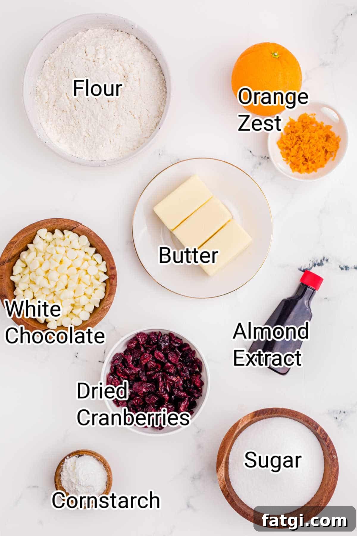 ingredients laid out showing what is in a cranberry orange shortbread cookies