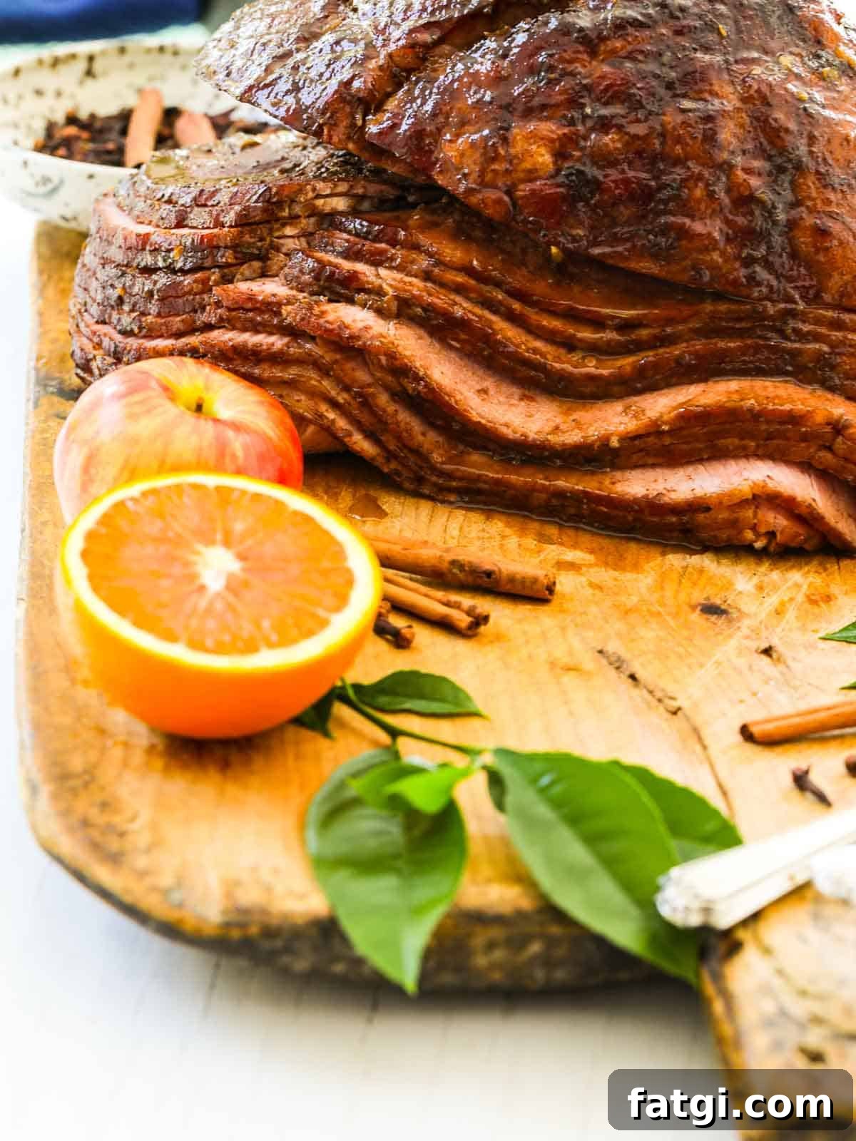 Large smoked ham on a cutting board
