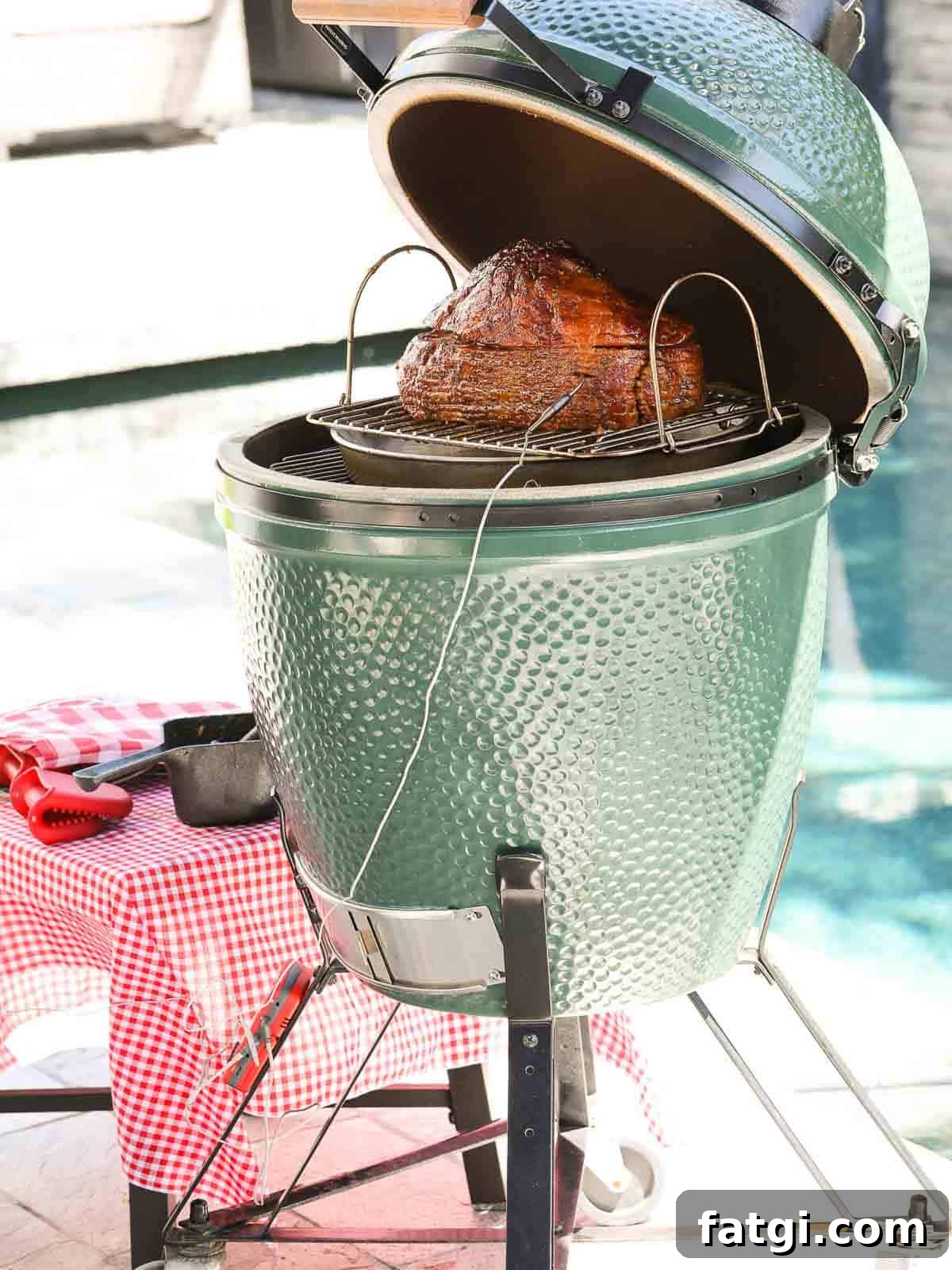 Big Green Egg smoking a ham