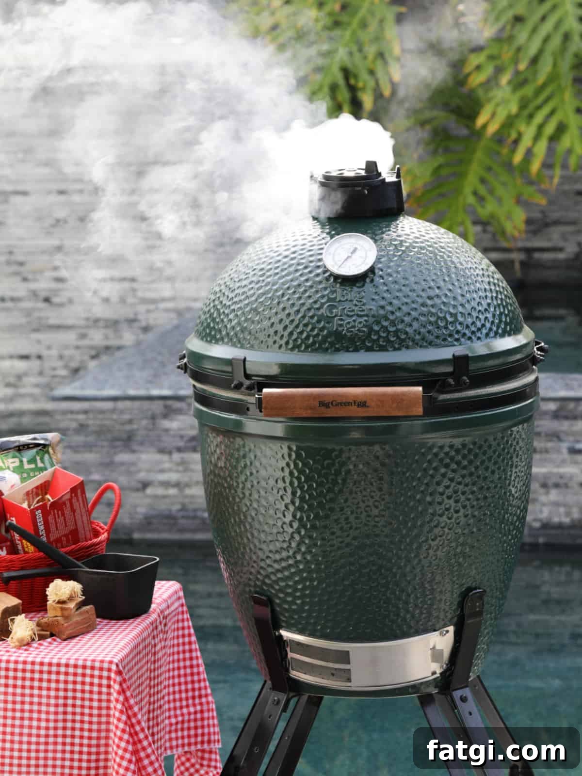 Smoke drifting from a Big Green Egg while cooking spiral ham