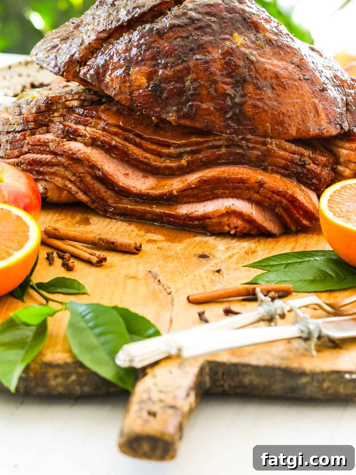 Sliced double smoked ham on a cutting board