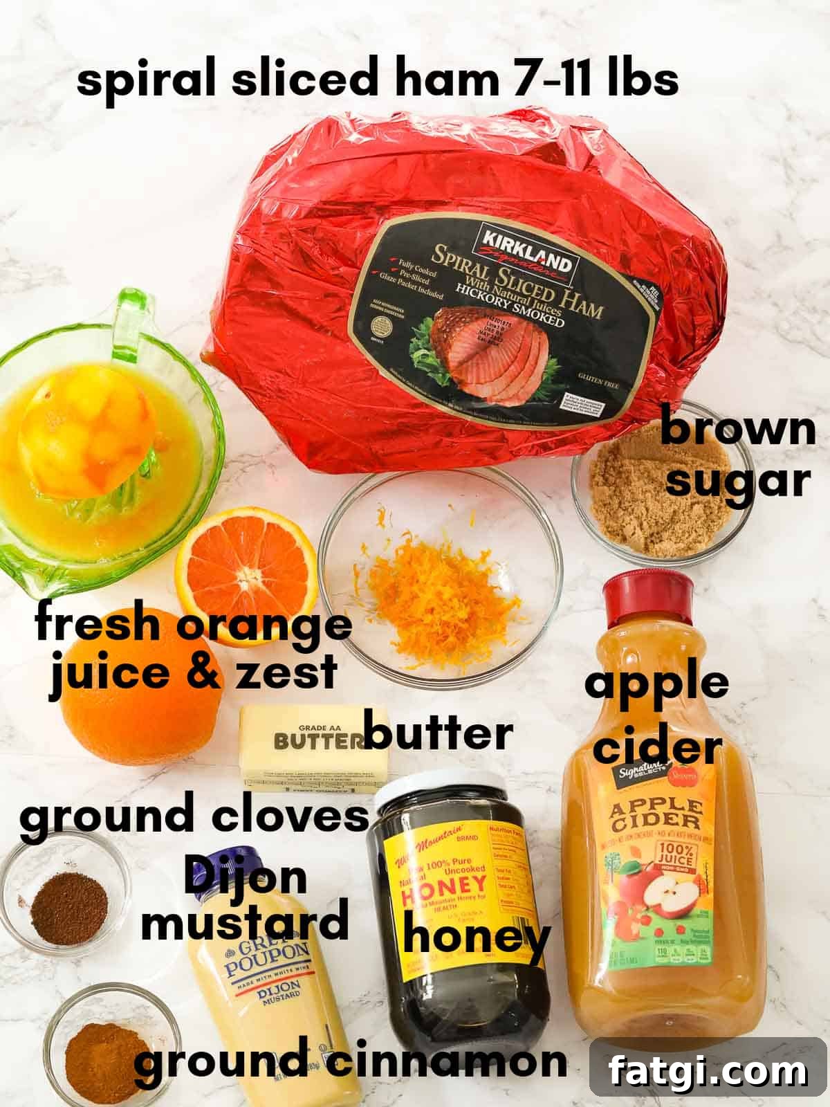 Ingredients for double smoked ham with orange honey glaze