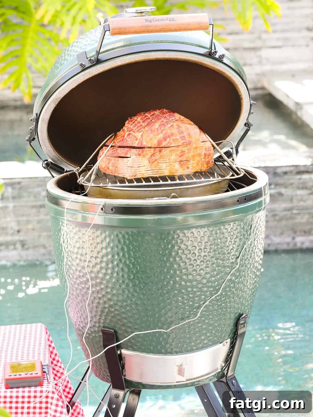 Ham smoking inside a Big Green Egg