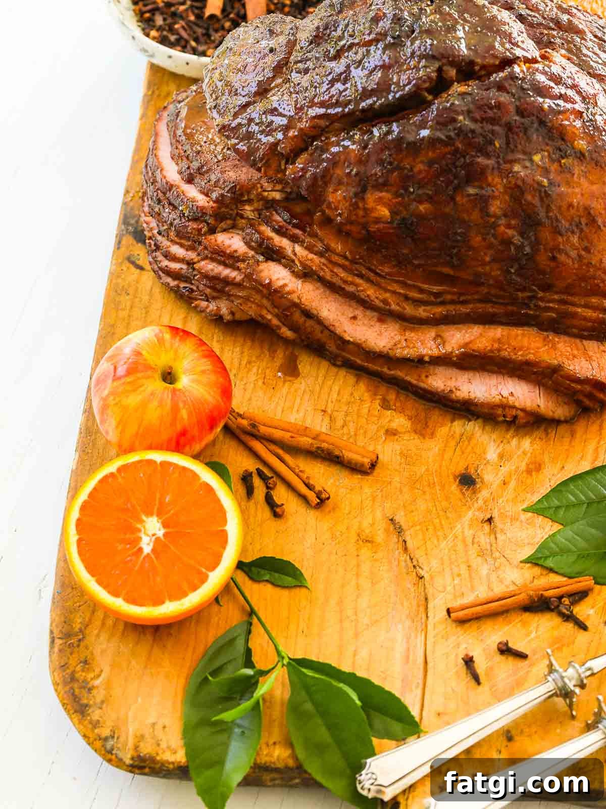 Overhead view of glazed smoked ham