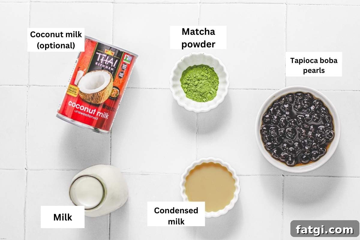 ingredients needed to make milk tea with matcha powder. 