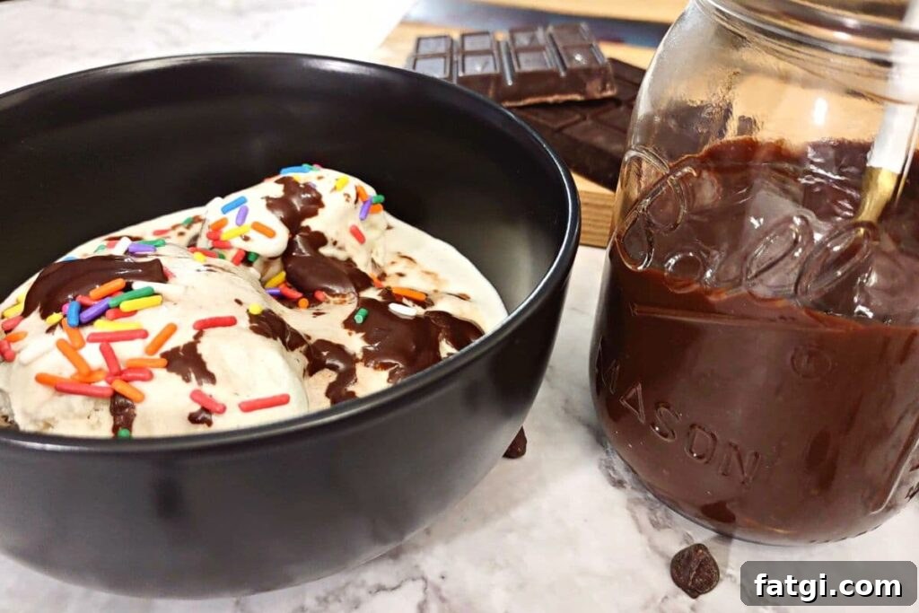 Microwave Chocolate Sauce: Homemade in Minutes 7 homemade chocolate sauce in a jar next to a bowl of vanilla ice cream with sprinkles
