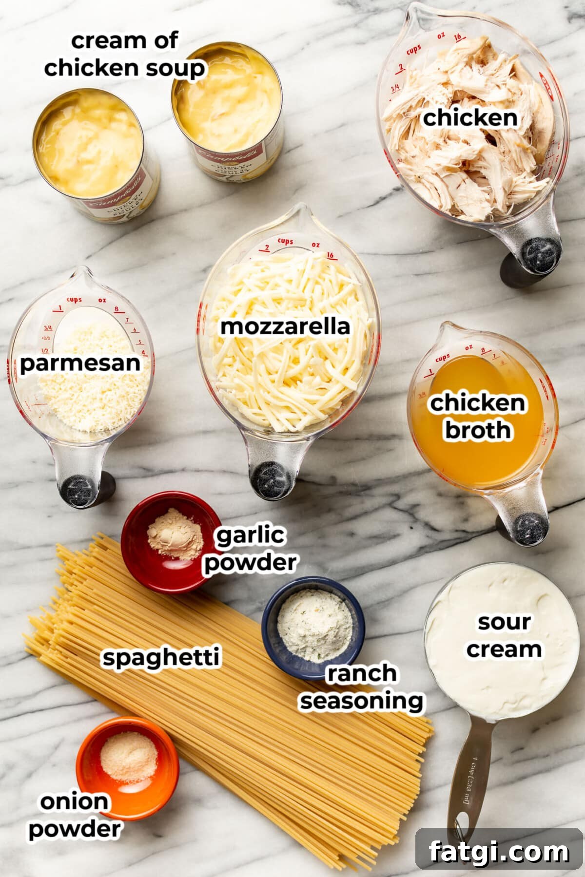 Creamy Ranch Chicken Spaghetti Recipe 3 ingredients for ranch chicken spaghetti in prep bowls