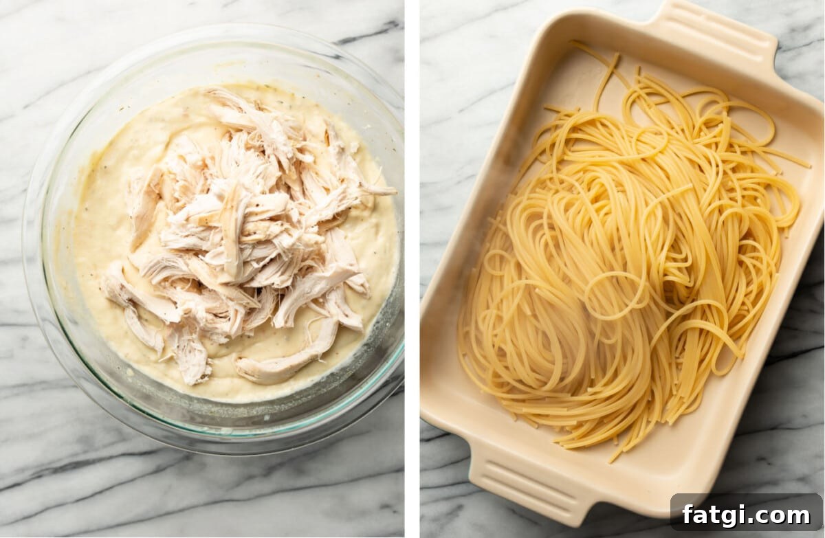 Creamy Ranch Chicken Spaghetti Recipe 4 mixing chicken and sauce in a bowl and adding spaghetti to a casserole dish