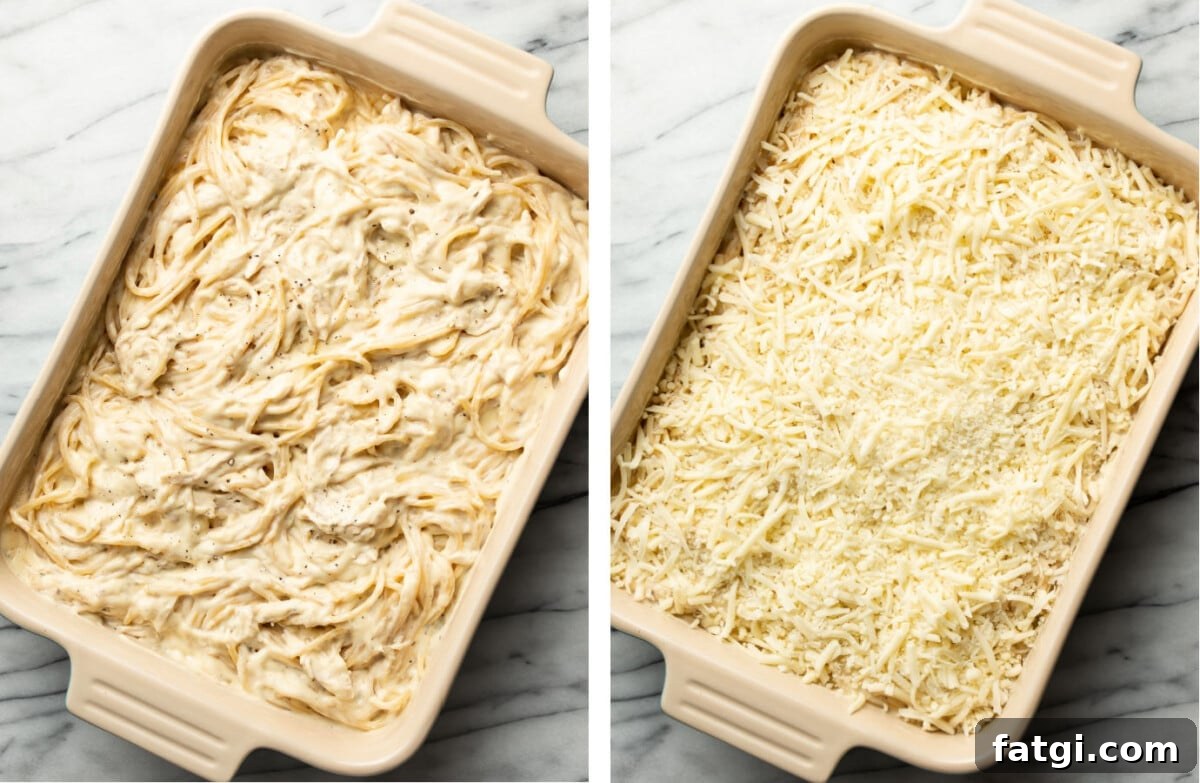Creamy Ranch Chicken Spaghetti Recipe 5 adding parmesan and mozzarella to a casserole dish with ranch chicken pasta