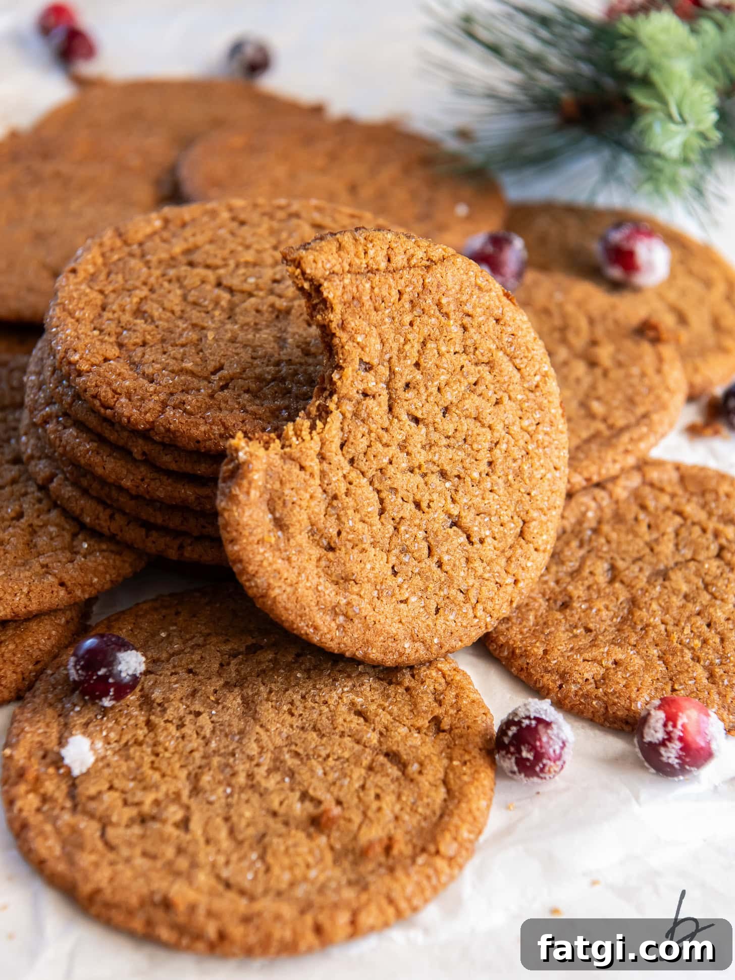 thin gingersnap cookie with bite taken out of it leaning on stack of more cookies.