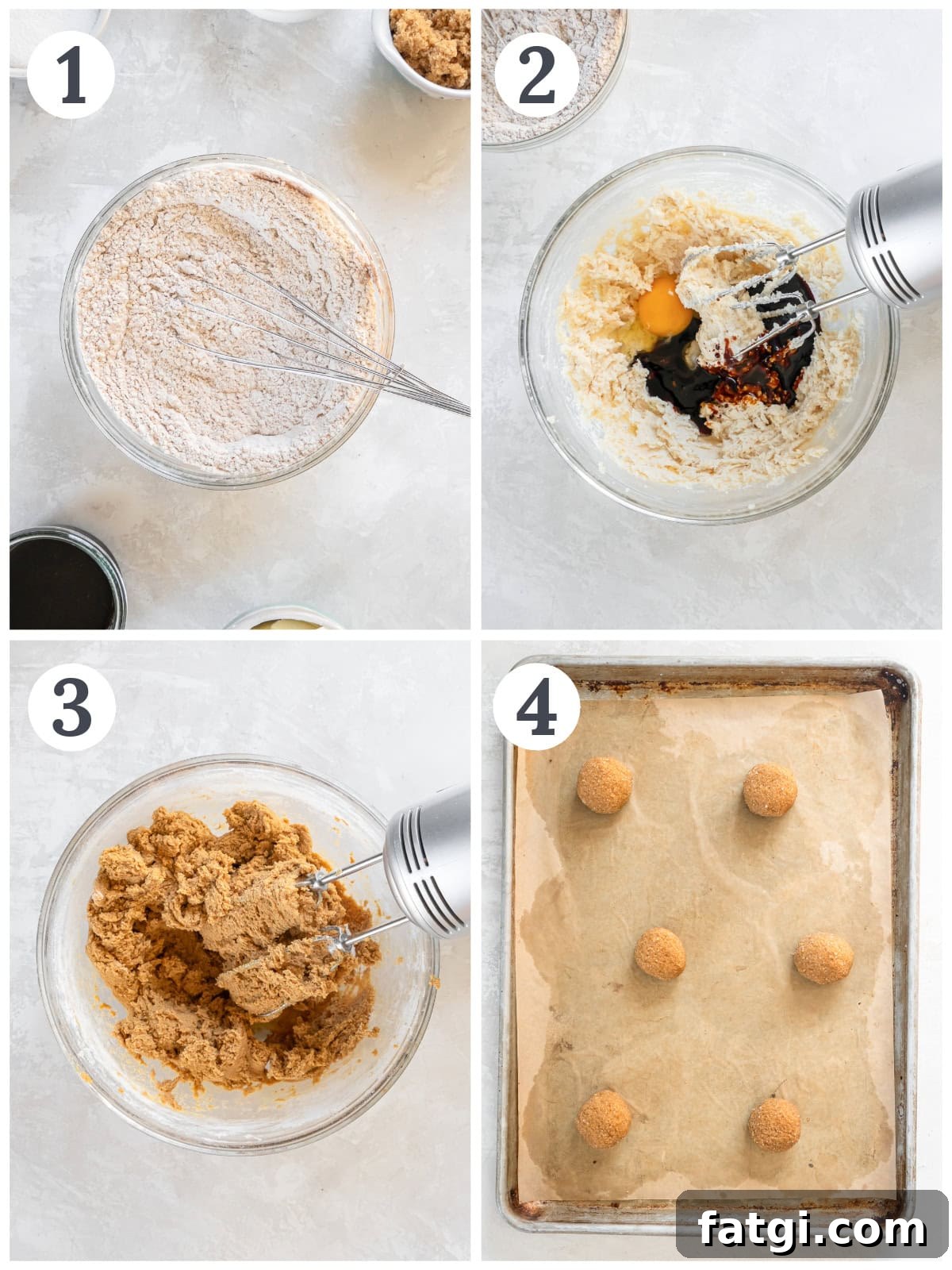 photo collage demonstrating how to make gingersnap cookies in a mixing bowl and on a baking sheet.