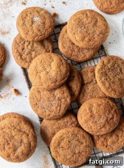 pile of gingerdoodle cookies on a small cooling rack with handle.