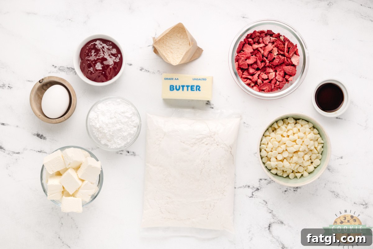 Ingredients for Strawberries and Cream Cake Mix Cookies.