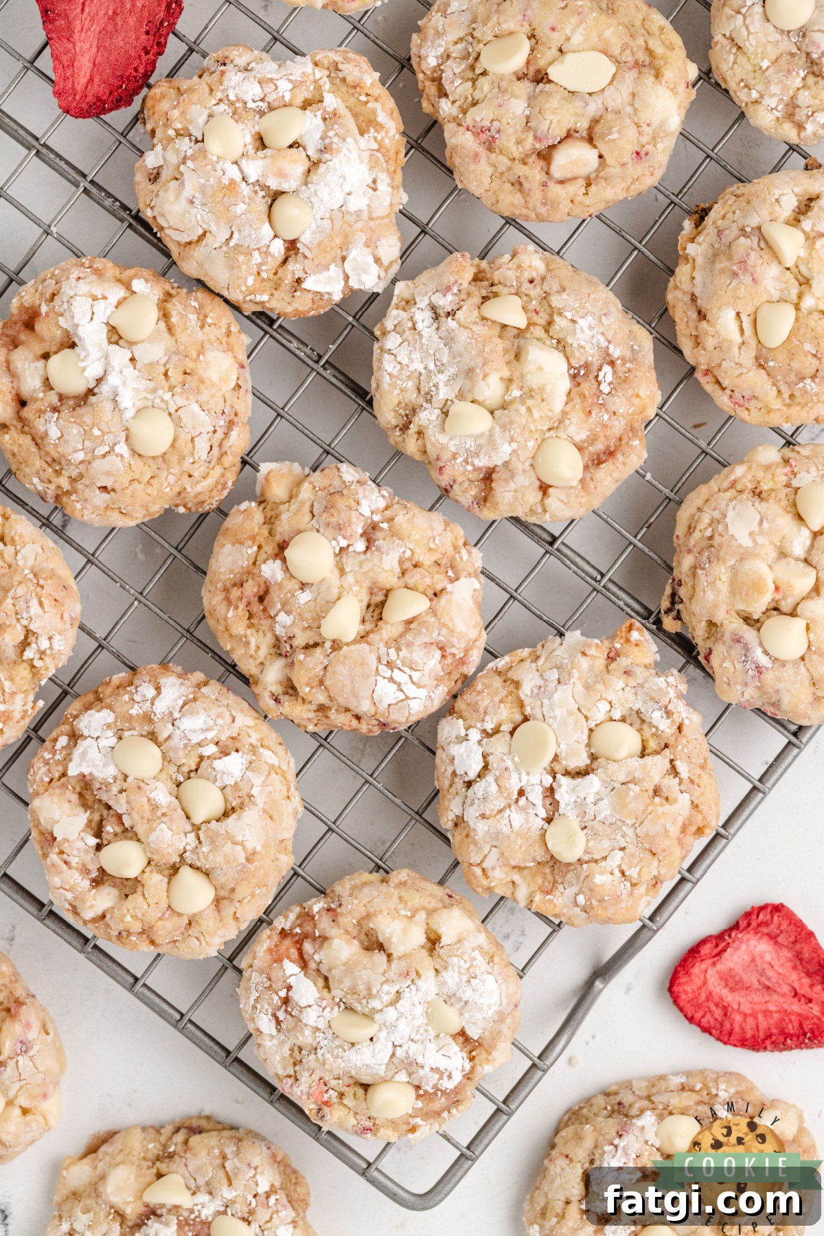 Strawberries and cream cake mix cookies with white chocolate chips and jam swirls.