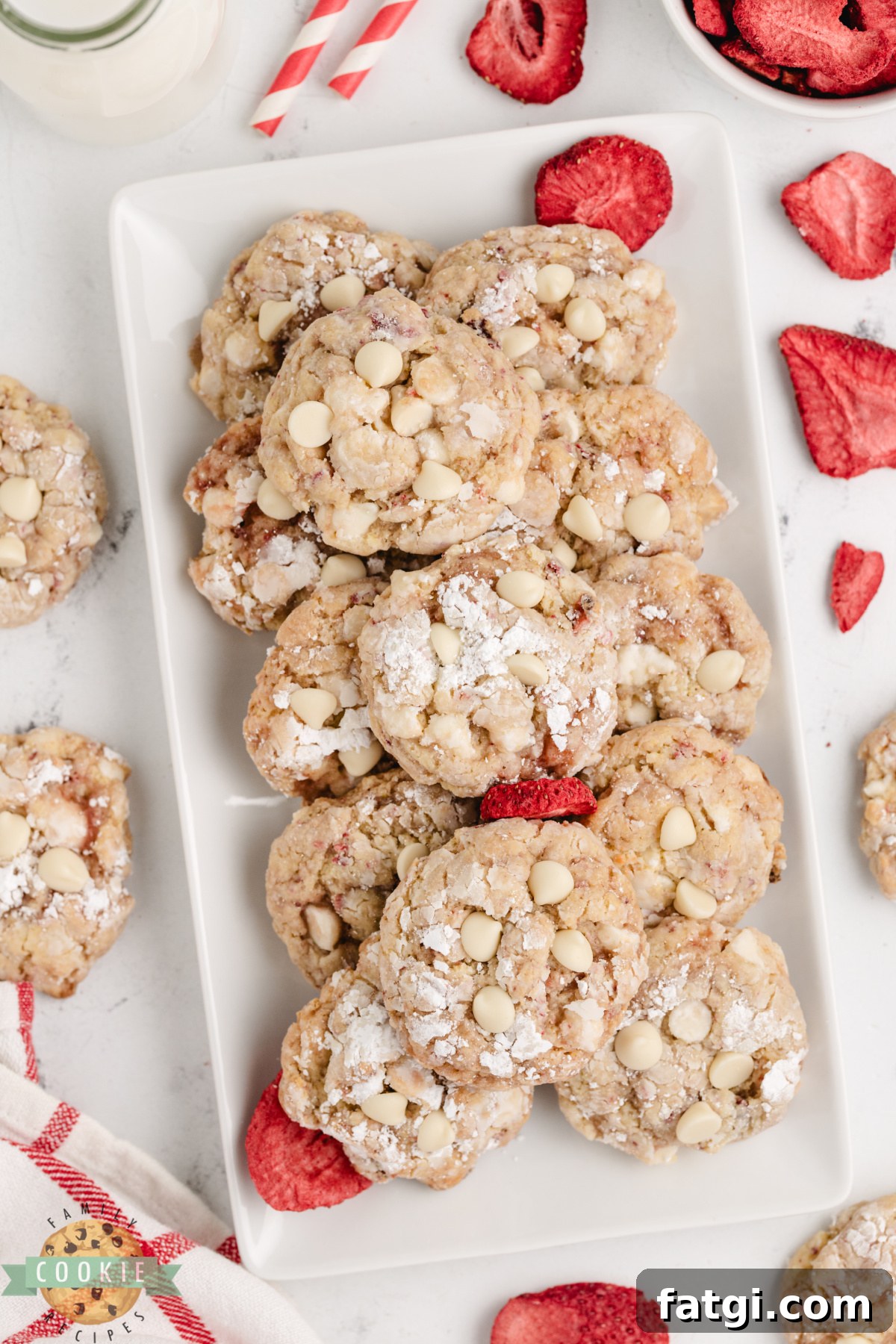 Strawberries and cream cake mix cookies served on a dessert plate.