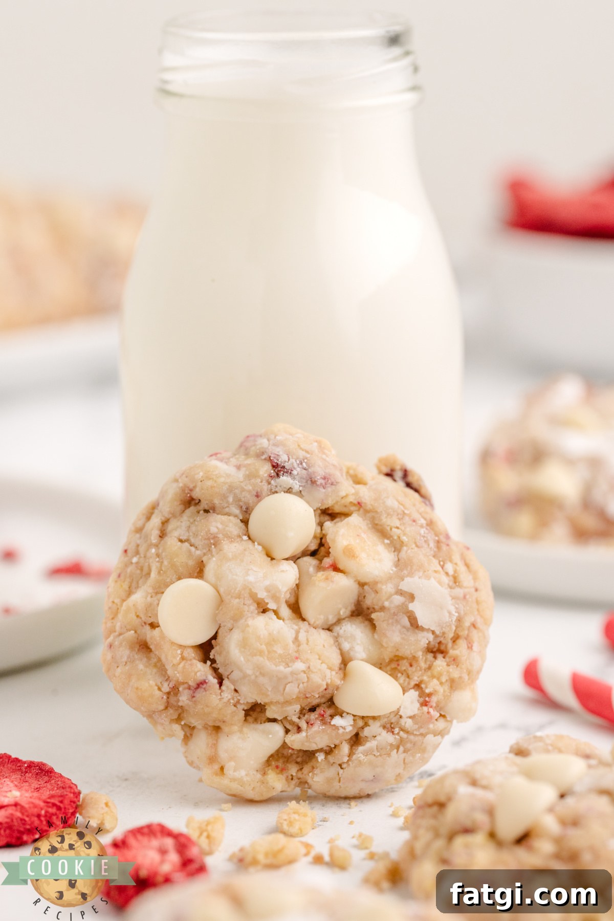 Strawberries and Cream Cake Mix Cookie next to a glass of milk.