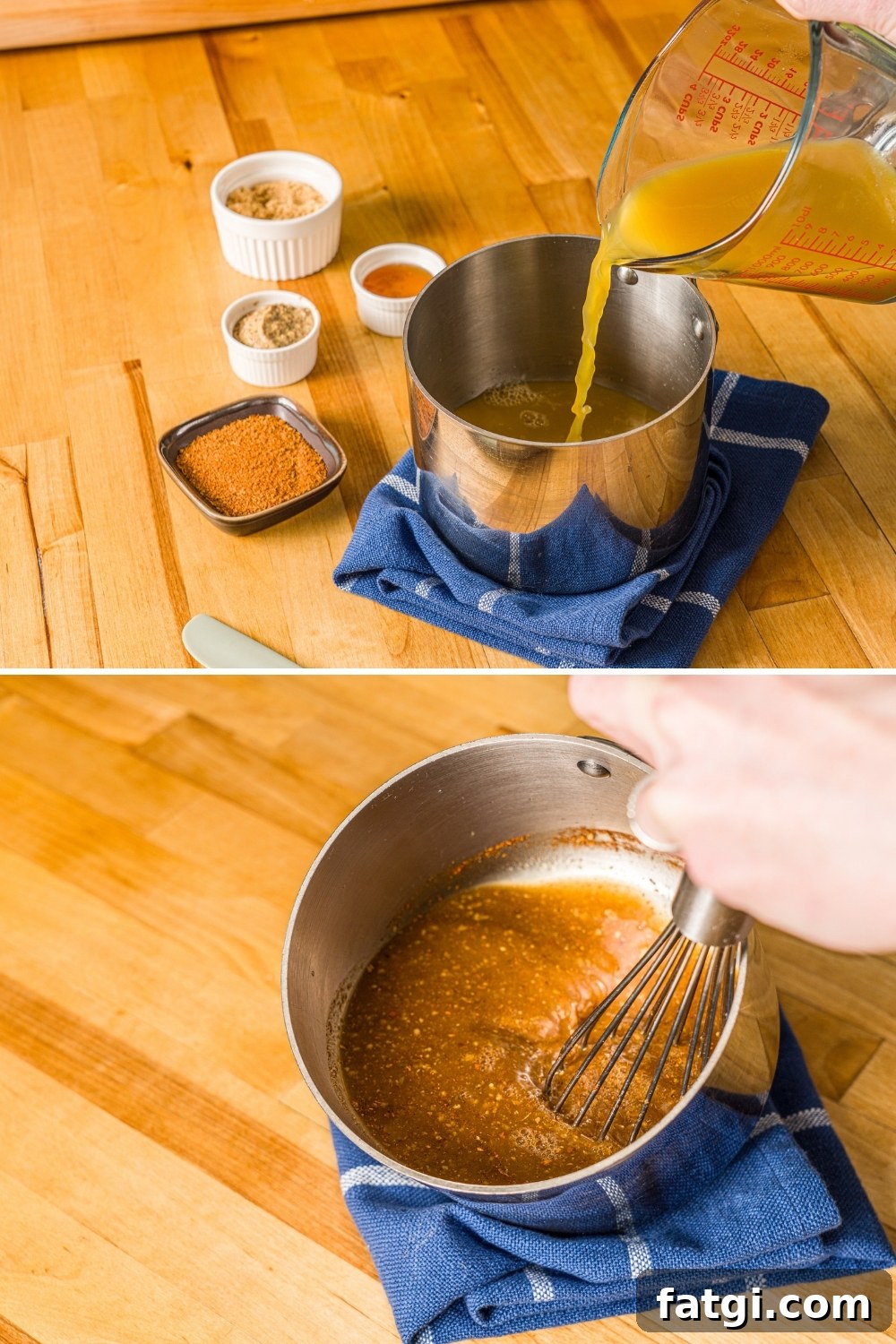 Spiral Ham with Pineapple and Brown Sugar Glaze 8 A sauce pan with ingredients for spiral ham glaze being poured into the pan including pineapple juice, mustard, brown sugar, and more.