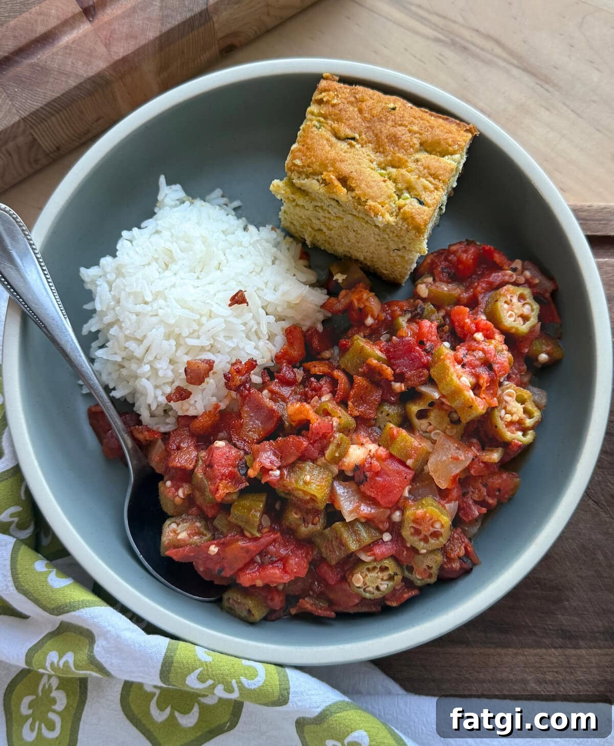 A bowl of vegetable stew featuring okra and tomatoes, served with white rice and a slice of cornbread on the side.
