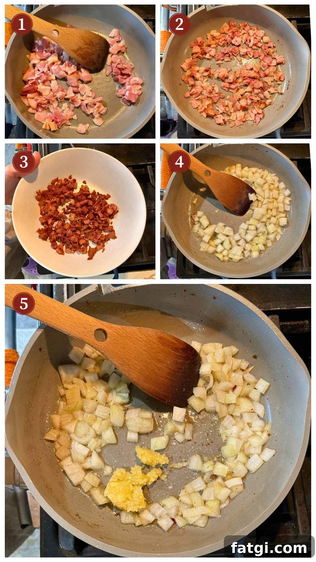 A series of images showing the preparation of bacon and onions in a skillet, including browning the bacon, transferring it to a bowl, and sautéing diced onions with garlic to prep stewed okra and tomatoes.