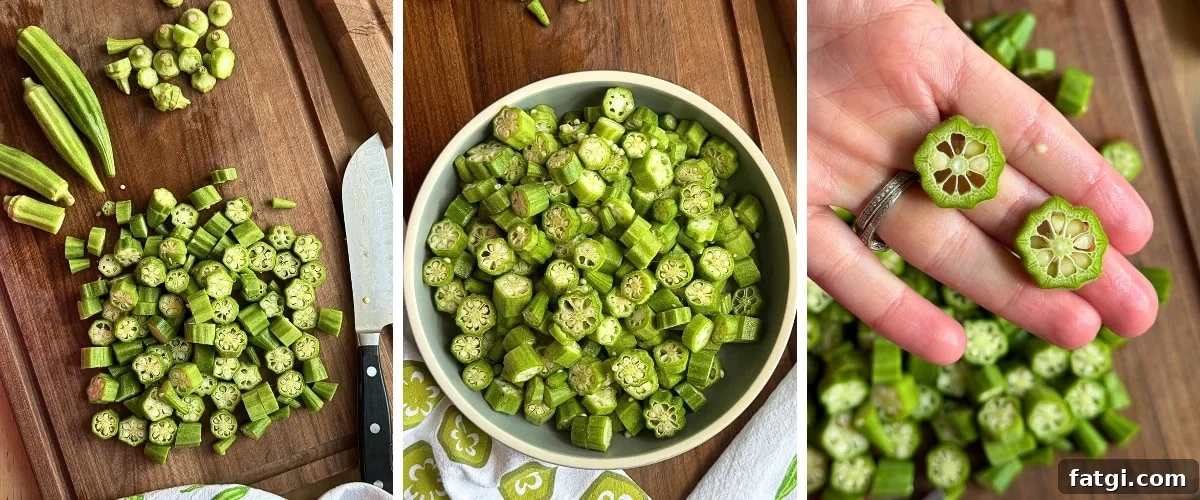 Freshly chopped okra pods arranged on a wooden cutting board and in a bowl, showcasing their unique shapes and textures.
