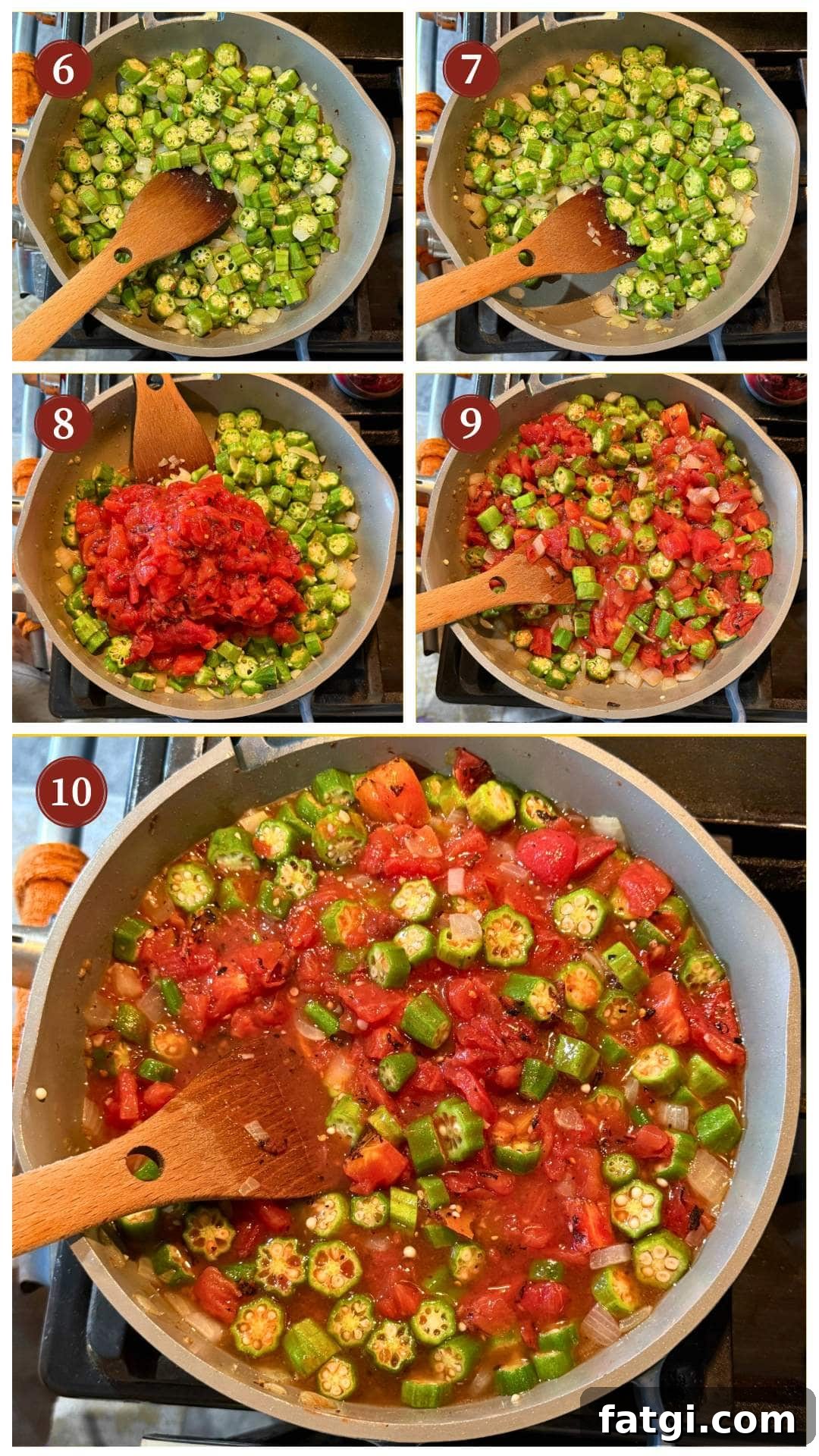A series of images showing the process of cooking okra and tomatoes in a skillet, including the addition of diced tomatoes to the sautéed okra and onions.