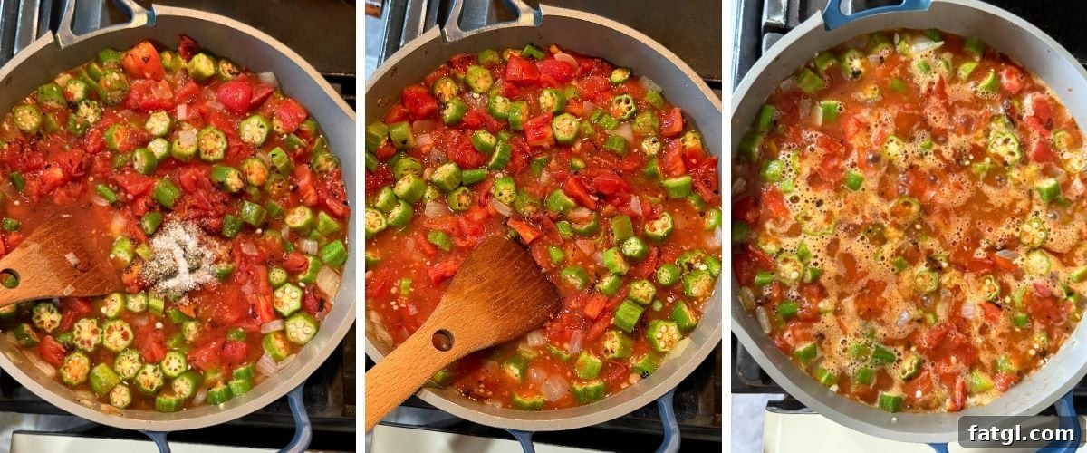 A cooking process showing a pan with chopped okra, tomatoes, and seasoning, gradually transforming into stewed tomatoes and okra.