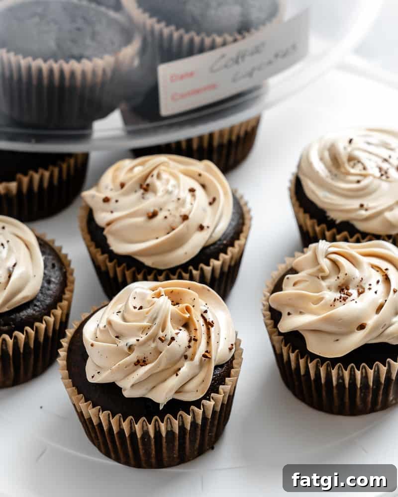 Mocha Coffee Cupcakes with Espresso Frosting 10 completed Easy Coffee Cupcakes on a white surface