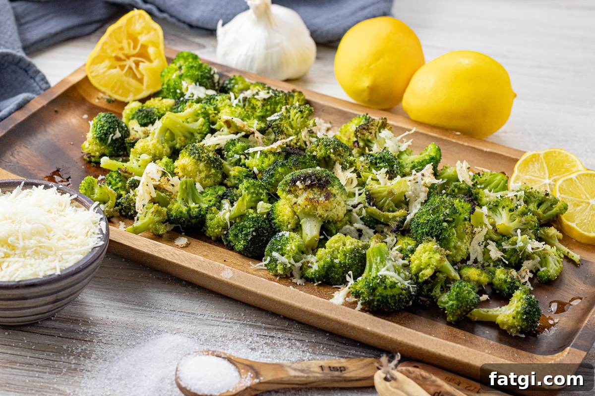 roasted broccoli on a wooden serving platter
