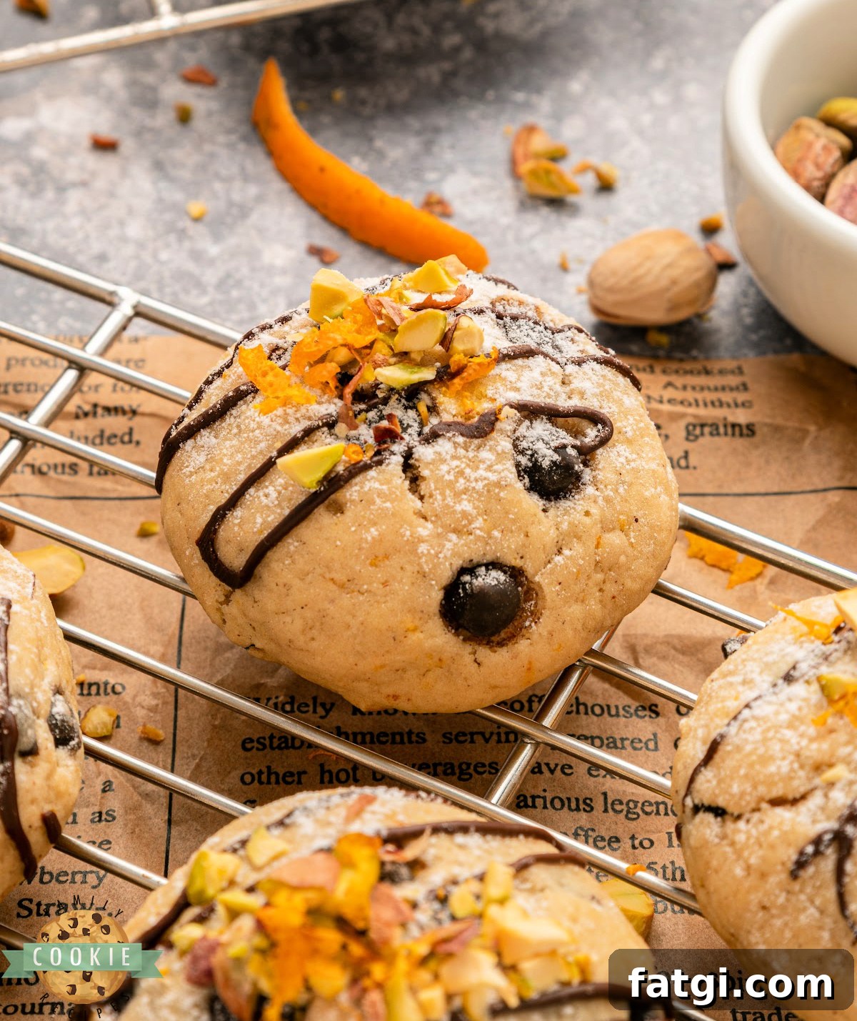 Close up of a soft ricotta cannoli cookie with mini chocolate chips and orange zest on top.