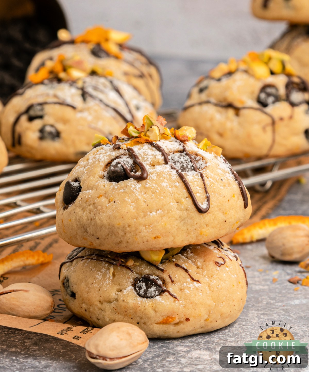 Italian cannoli cookies with powdered sugar and orange zest.