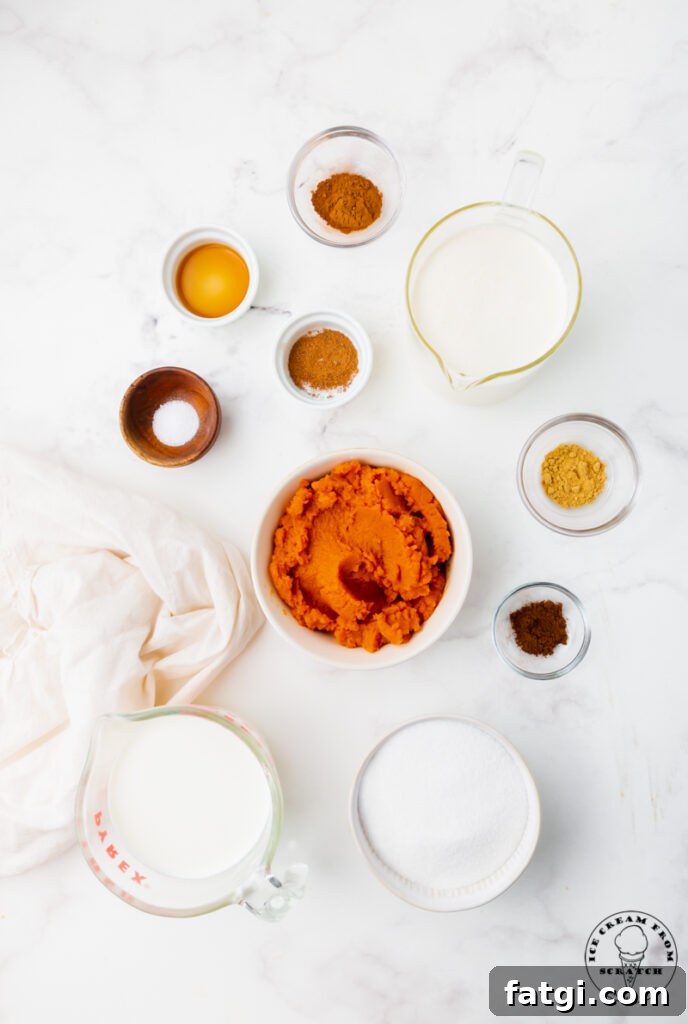 top down view of all of the ingredients needed to make pumpkin spice ice cream from scratch