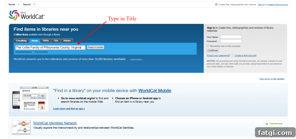 Screenshot of search box in WorldCat