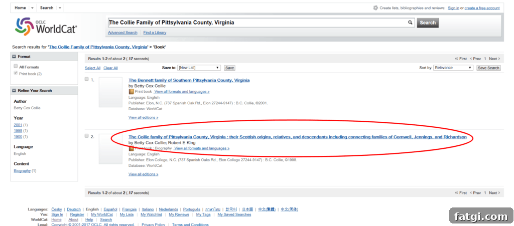 Search results page for Collie family in Worldcat