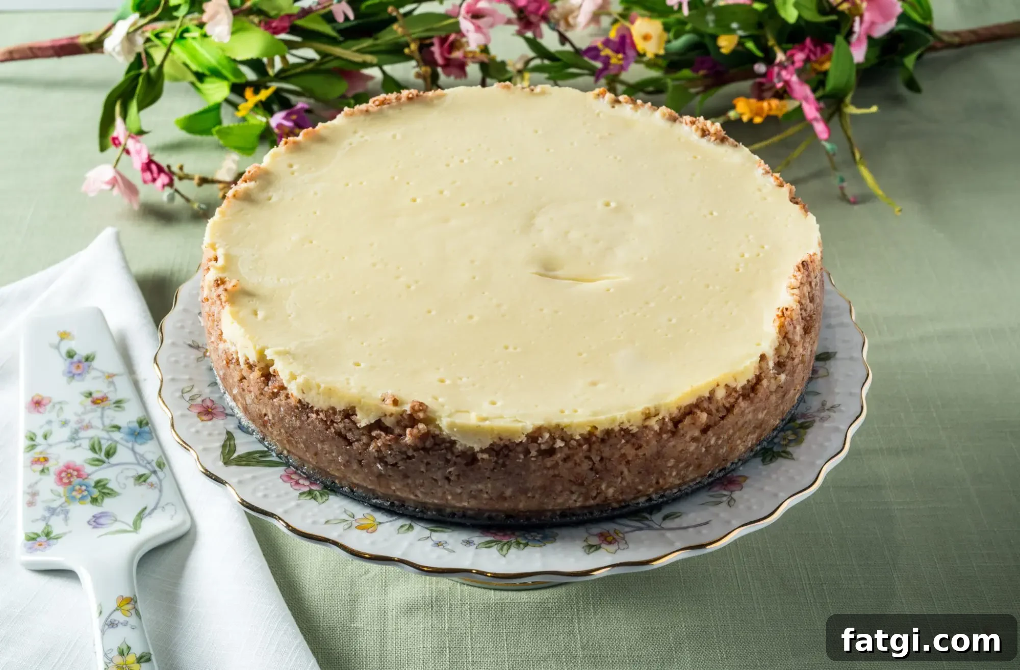 Low Carb Cheesecake on a stand.