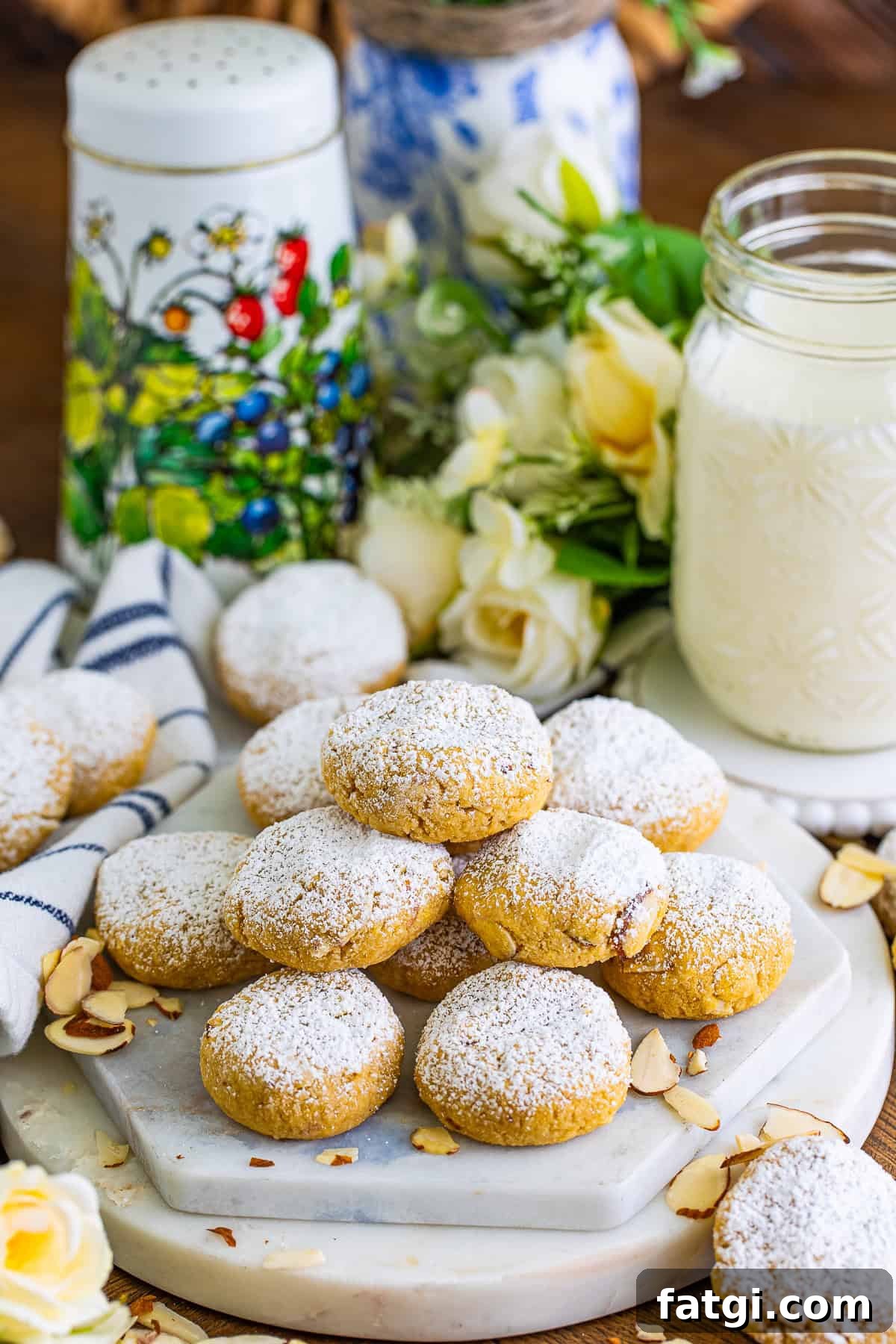 Almond cookies dusted with powdered sugar, stacked with a glass of milk and yellow roses