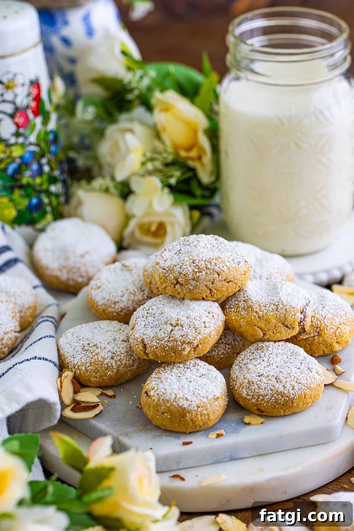 Almond cookies dusted with powdered sugar, stacked with a glass of milk and yellow roses
