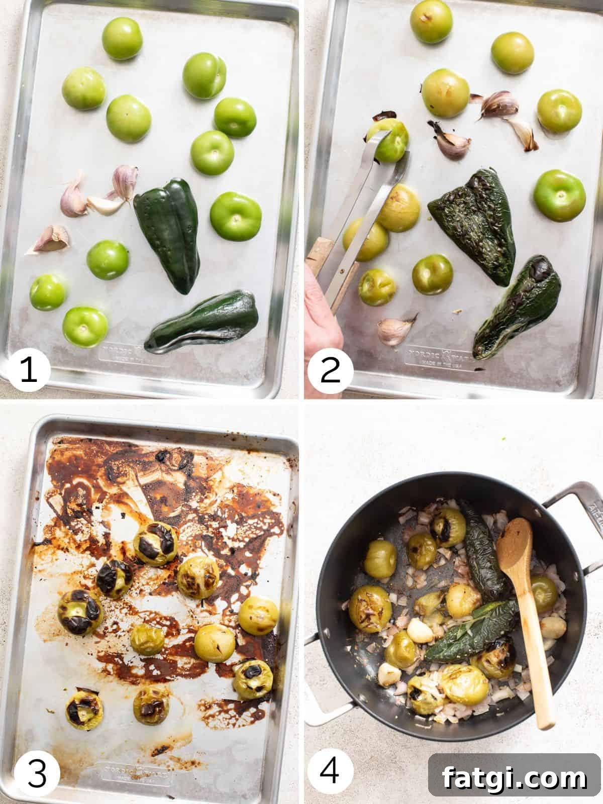 Process photos of broiling the poblano, tomatillos, and garlic till charred, then adding them to a pot.