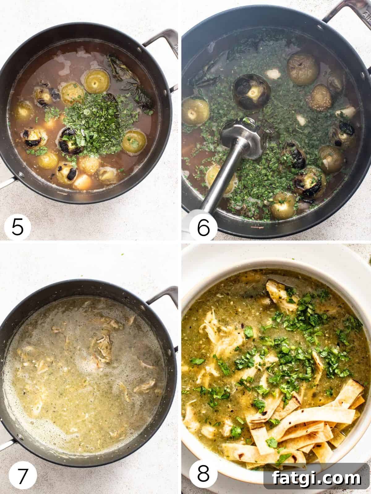 Process photos of blending a green tomatillo chicken soup and adding cilantro to the broth.