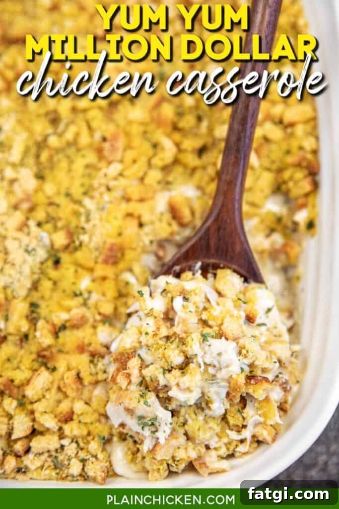 scooping chicken casserole from a baking dish with text overlay
