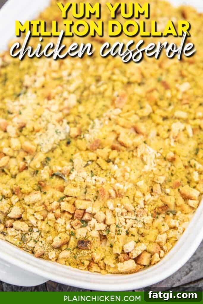 baking dish of stuffing topped chicken casserole with text overlay