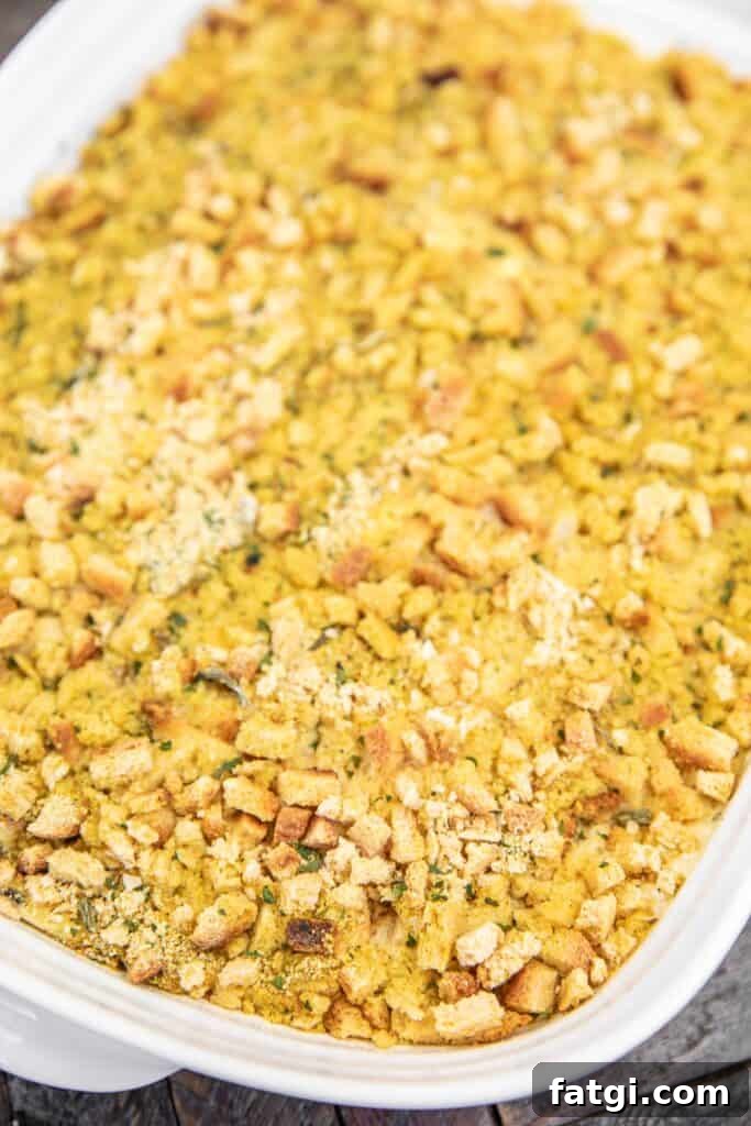 baking dish of stuffing topped chicken casserole