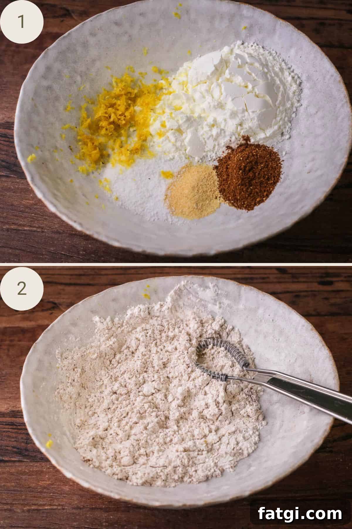 Flour coating ingredients mixed in a shallow bowl.