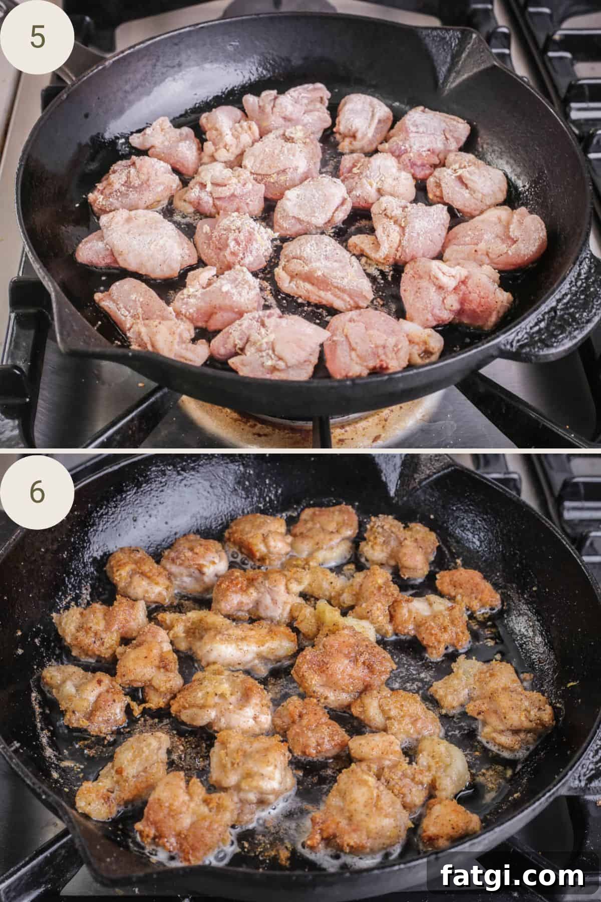 Coated chicken thigh pieces cooking in the pan in a single layer.