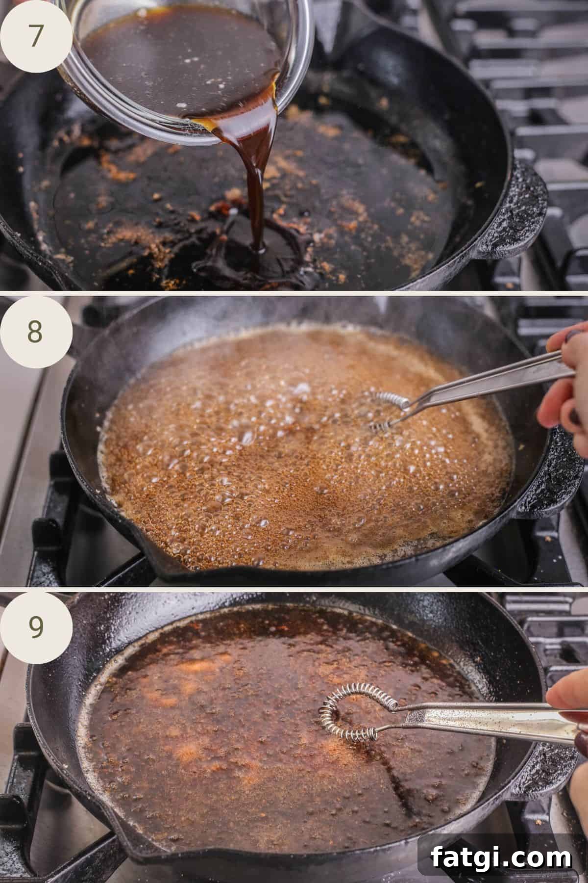 Pouring the sticky sauce into the pan, bubbling up then simmering for a minute or two.