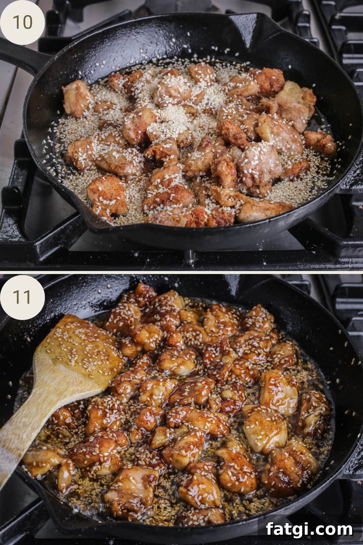 Lemon Chicken added back into the pan with spring onions, stirred into the sticky sauce.
